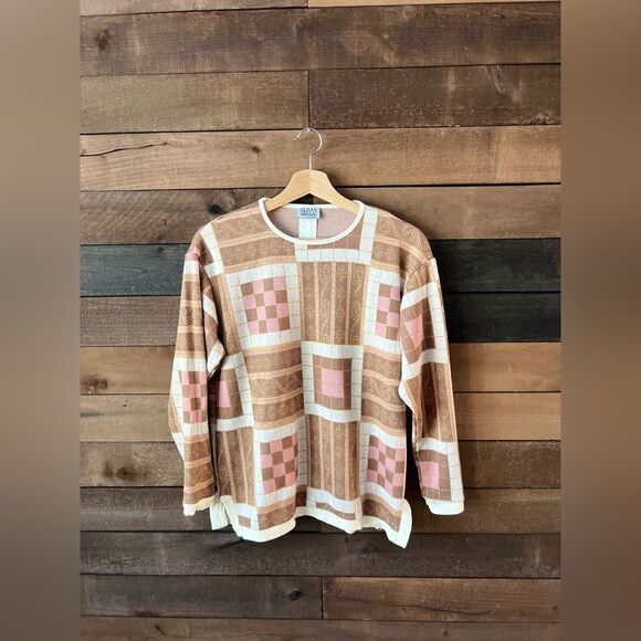Vintage 90s Susan Bristol Patchwork Sweater – Ribbed Knit Trim in Warm Neutral - Picture 7 of 9